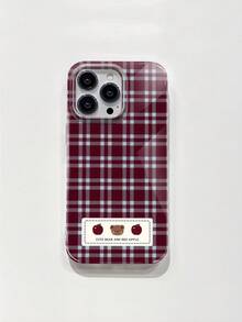 Funda protectora a cuadros con oso y manzana para iPhone 16/16Plus/16Pro/16ProMax, 15/15Plus/15Pro/15ProMax, 14/14Plus/14Pro/14ProMax, 13/13Pro/13ProMax, 12/12Pro/12ProMax, 11/11Pro/11ProMax, anti-caída, resistente a la suciedad, cobertura completa