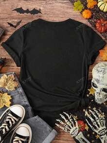 Nightmare Before Christmas, Halloween Clothes, Women Halloween Costumes, Women Halloween Costumes, Women Halloween Costumes, Halloween T-Shirt Autumn Ghost Pattern Women Casual Round Neck Short Sleeve T-ShirtCómodo Y Transpirable - 黑色 - 查看 2