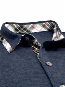 秋季大码男士长袖翻领口袋 Polo 衫 - 藏蓝色 - 查看 6