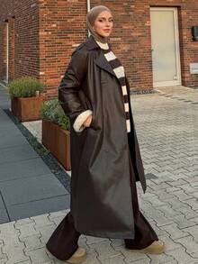 DAZY 新款秋冬宽松休闲优雅加厚PU长款女式常规外套，款式端庄时尚 - 咖啡棕 - 查看 7