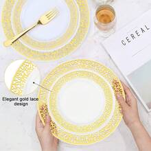 150/75/50/25/7pcs Set Gold Hollow Plates And Gold Cutlery Dinnerware Set, Salad Plates, Flatware, 10.25 Inch And 7.5 Inch Serving Trays, Suitable For Holiday Gatherings, Family Parties, Outdoor, Weddings, Restaurants