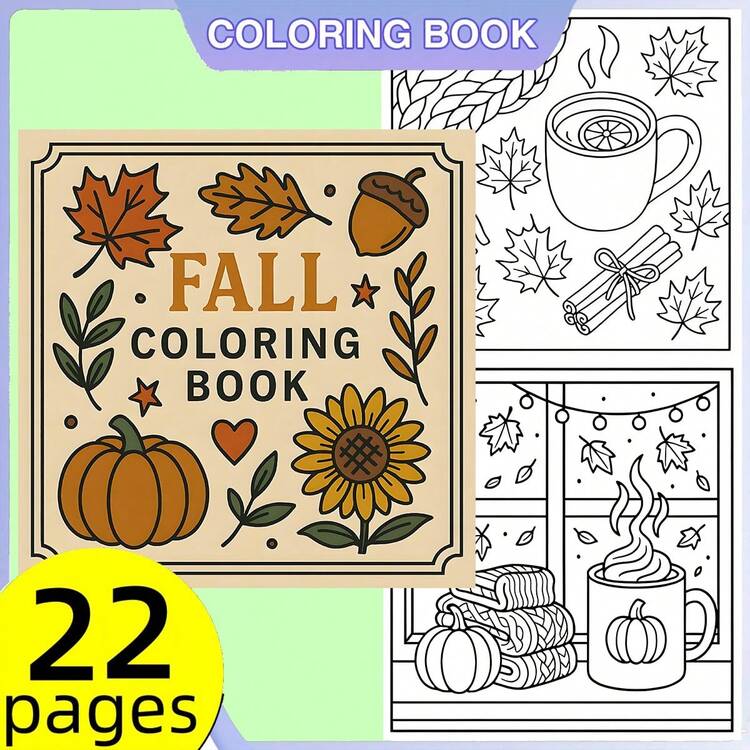 22 页舒适的秋季 - 适合初学者的厚纸，简单的图案，万圣节和节日设计 - 放松的艺术，轻松的圣诞节，生日，感恩节礼物，成人着色书，俏皮的插图，创意插图 - 單件 - 查看 2