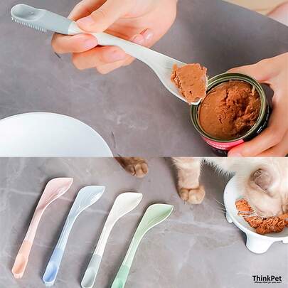 1Pc Unisex Pet Can Spoon, Cat Food Can Specific Spoon, Universal Spoon For Pet Canned Food Pet Can Spoon, Long Handled Spoon For Dog And Cat Food Mixing, Can Opener Spoon Multi-Angle Scraper Scoop Suitable For Canned Cat Food & Dry Kibble, Mixing, And Covering Canned Food, Including Can Opener, Pet Feeding Supplies Cat Necessities