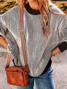 Acelitt Áo len chui đầu dài tay dáng rộng màu tương phản sọc thời trang - màu đen - Xem 4