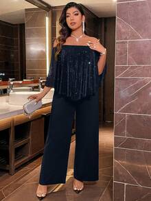 Voworia Plus Size Jumpsuit With Off Shoulder Design, Fashionable & Elegant, Early Autumn - Navy Blue - View 7