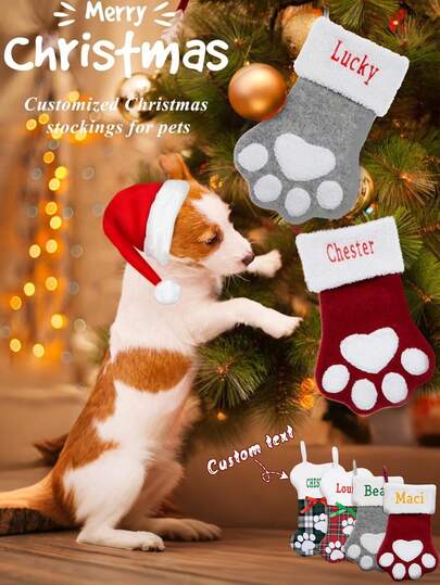 Meias de Natal personalizadas para cães e gatos, meias de Natal personalizadas para animais de estimação com nome bordado, meias de Natal com patas ou ossos grandes para decoração de Natal (1 peça)