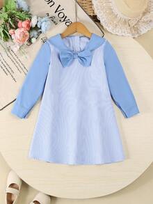 Autumn Girls' Collegiate Style Blue & White Striped Bow Decor Long Sleeve Casual Dress, Comfortable For Everyday Wear