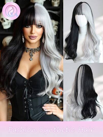 Perruque synthétique bouclée douce de 24 pouces, perruque noire et blanche avec sangle et frange, convenant pour la vie quotidienne, la musique, l'Halloween, les fêtes de rôle. Belle, sexy et élégante, adaptée à toutes les formes de visage et tous les styles pour les femmes.