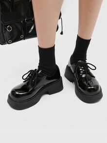 Casual Leather Shoes For Teenagers, New Thick Sole Derby Shoes, Couple's Brogues, British Style Patent Leather Round Toe Shoes, Autumn