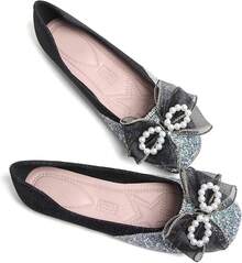 SAILING LU Square Toe Flats Shoes Rhinestoned Bowknots Ballet Flats For Women Studded Dress Shoes Comfort Light Weight LoafersChristmas - F-黑色 - 查看 4
