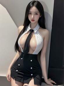Valentine's Day Sexy Lingerie New Secretary Uniform Robe Set, Elegant OL Style With Dress + Stockings + Tie - 黑色 - 查看 6