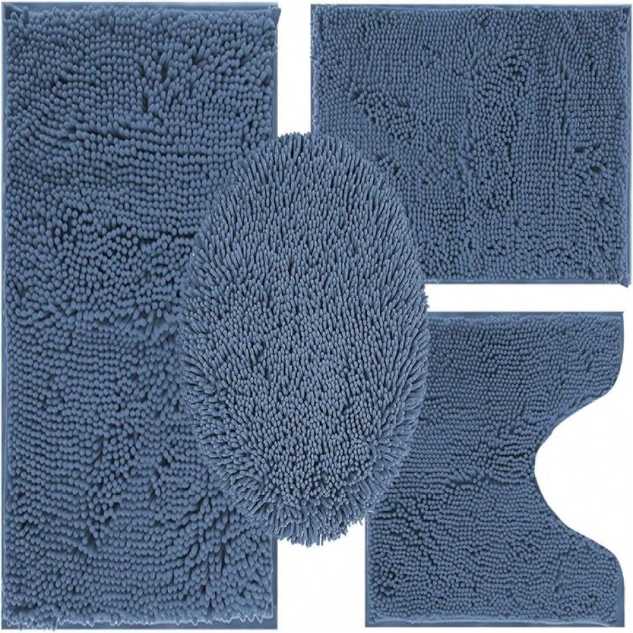 Blue Bathroom Rugs Sets 4 Piece With Toilet Lid Cover, Non Slip Bathrooats Extra Soft Chenille Bath Rugs Absorbent Shaggy Rugs Perfect Plusats U-Shaped Toilet Rug Bathroom Set,18821269 - 藍色 - 查看 1