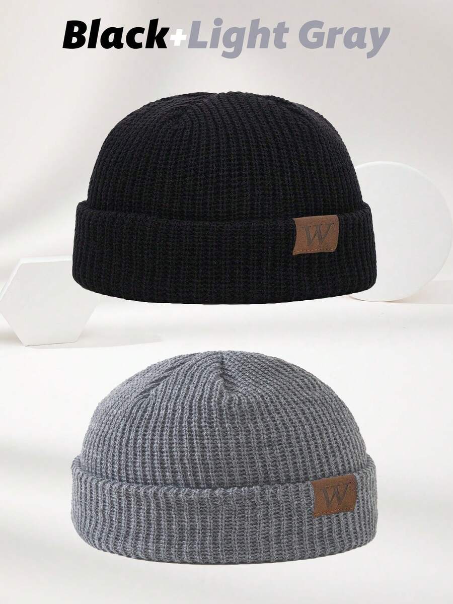 2pcs Men's Leather Patch W Pumpkin Knit Beanie, Soft, Fashionable, Warm, Suitable For Casual Wear In Autumn/Winter Fall - Black+Light Gray - View 1