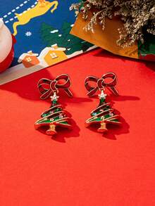 1 Pair Cute & Sweet Versatile New Christmas Bow & Christmas Tree Pendant Earrings, Christmas Jewelry For Women