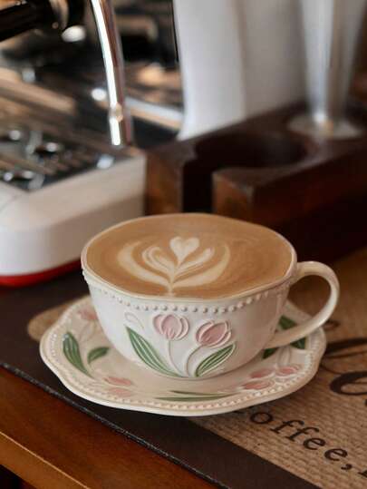 1 件复古做旧裂纹釉花卉郁金香浮雕陶瓷杯，家用拿铁杯，带碟子的咖啡杯，早餐杯，牛奶杯