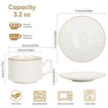 6-Pc Embossed Coffee Cup Set - Ceramic Espresso Cups & Saucers W/ Gothic Relief Design, Cafe Service For Cappuccino/Latte, Perfect For Fall / Thanksgiving Day Table Decor - White-90ml-6 Cups and 6 Plates - View 4