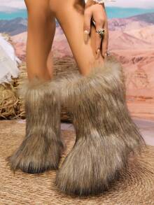 女士秋冬新款现代人造毛皮靴，厚底保暖蓬松毛茸茸卡其色雪地靴，毛茸茸的衬里保暖防滑一推式橡胶平底户外中筒靴 - 卡其色 - 查看 2