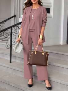 三件套加大码女式休闲纯色套装：外套/开衫 + 圆领无袖上衣 + 松紧腰直筒裤，通勤套装，春/秋/冬优雅百搭 - 藕粉紅色1 - 查看 3