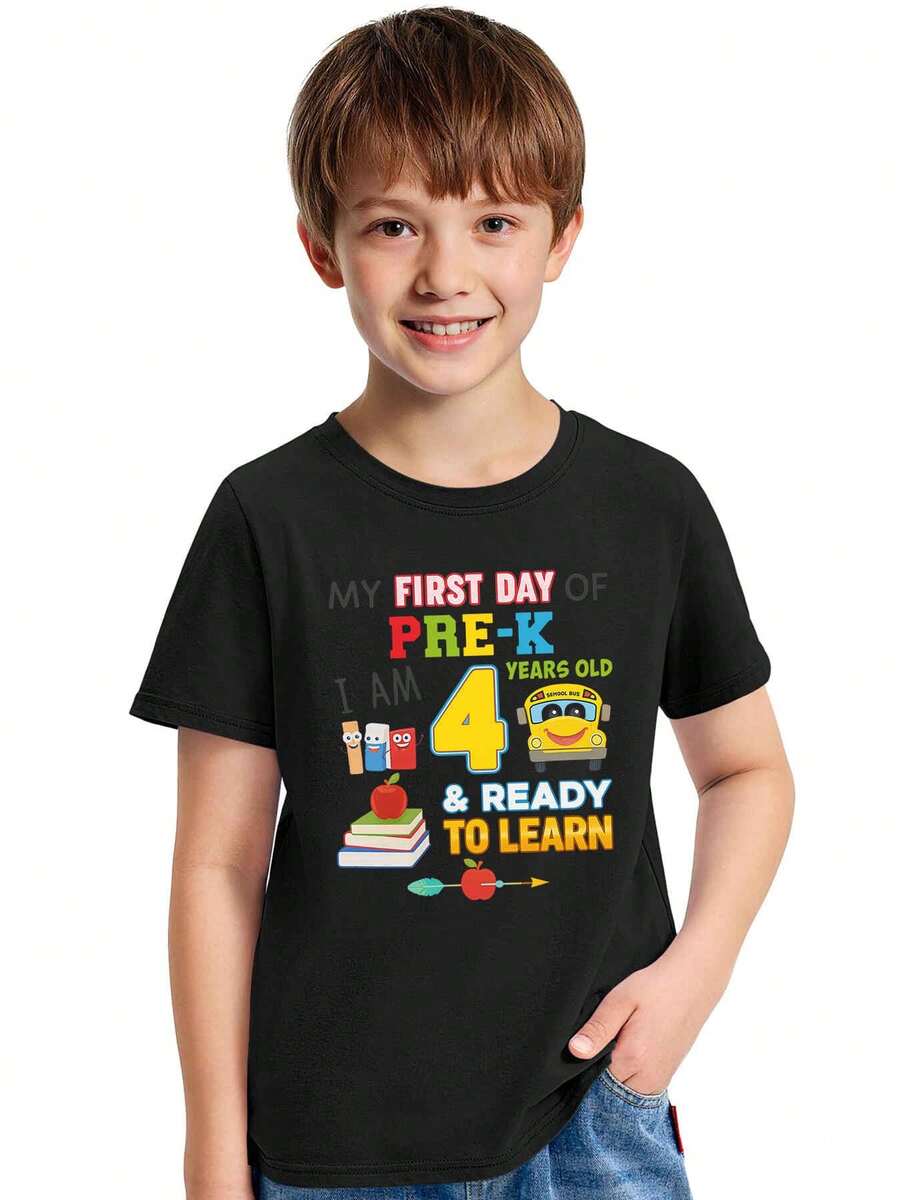 Camiseta para niños de 4 años y niñas que están listos para aprender, primer día de preescolar - Negro - Ver 1
