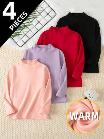 4 件套儿童厚羊毛长袖 T 恤，百搭女童休闲圆领汗衫，适合秋冬季日常穿着，适合 4-12 岁儿童