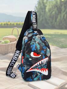 Nouveau sac de poitrine imprimé requin, poche de poitrine imprimée mode décontractée, sac de poitrine de sport, style universitaire, style de rue, sangle réglable, convient comme cadeau, saison de la rentrée scolaire (tous les imprimés de sangle sont aléatoires)