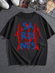 Camiseta con estampado de sardinas para mujer, estilo informal, cómoda y de cuello redondo, con estampado de peces único, tela suave y transpirable, ideal para el día a día. - Negro - Ver 3