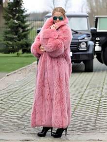 Luxury Women's Long Faux Fur Coat, Oversized Fit, Waterfall Collar, Flowing Winter Outerwear Pink - Hồng - Xem 3