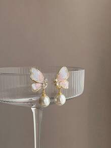 1 Pair Korean Elegant Pearl Flower Vintage Stud Earrings, Niche Personalized Versatile Jewelry Accessories - 蝴蝶型 - 查看 8