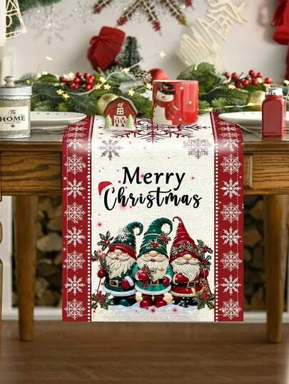 1 Stück festlicher Leinen Weihnachtstischläufer mit Aquarell-Wichteln, Weihnachtsmann und Schneeflocken - Fröhliche Weihnachten Text, Winterurlaub Dekoration für Innenräume, erhältlich in 33/90/120/160/200 cm Länge