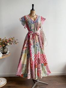 Rusttydustty Bohemian Style Pink Floral V-Neck Ruffle Sleeve Casual Dress, Suitable For New Year, Valentine's Day And Other Occasions