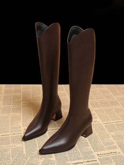 2025 High Quality Hot Selling Autumn New Thick Heel V-Cut Tall Boots, Versatile Fashion Knee-High Boots, Low Heel Pointed Toe Women Shoes, Elegant Minimalist Over-The-Knee Boots