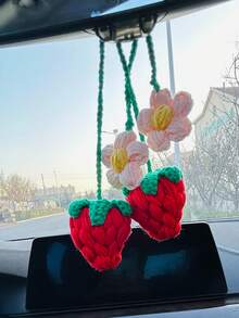 onEternal 1pc/2pcs Light Pink/Red Puff Simulation Strawberry Hanging Decoration, Handmade Crochet Car Interior Decoration, Mirror Bag Decoration, Handmade Crochet Christmas And Halloween