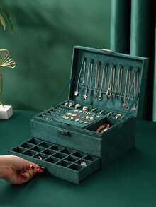 Neue Luxus Schmuckaufbewahrungsbox, elegante dunkelgrüne Farbe, hochwertige, filigrane Gestaltung für Halsketten, Ohrringe, Armbänder, große Kapazität Mehrebenen-Aufbewahrung, Valentinstag, Sonne, Reise, coole, Studentenwohnheim Aufbewahrung