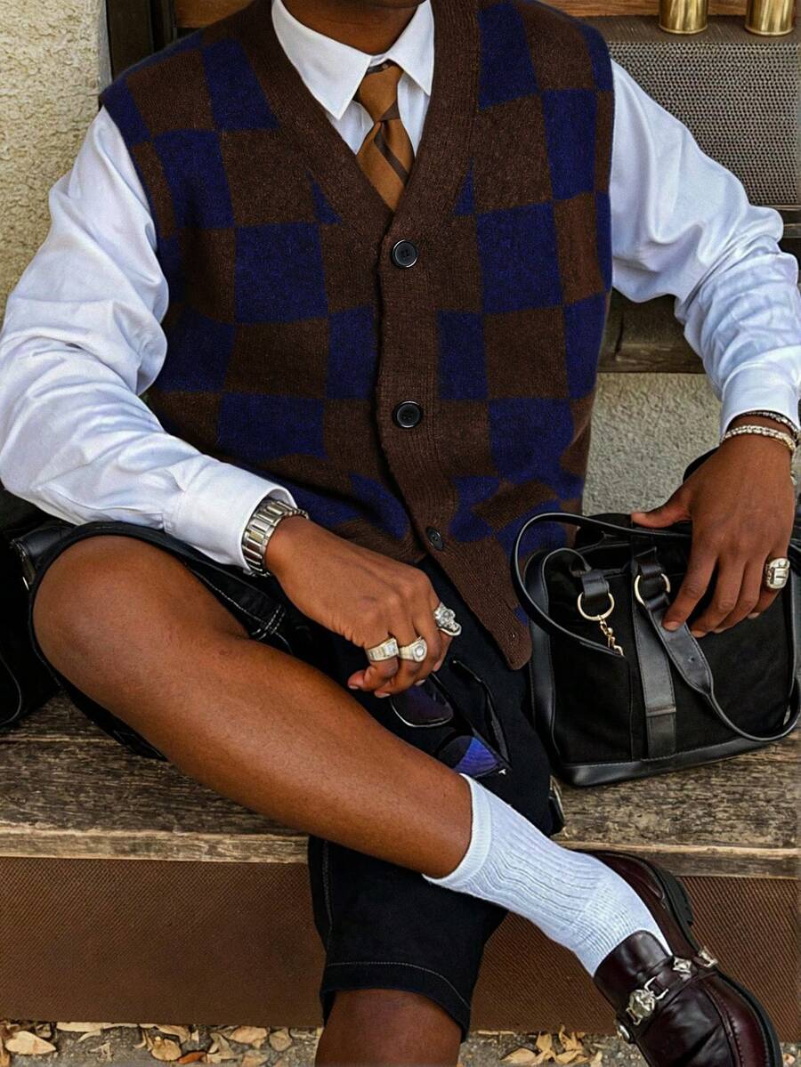 Unisex Casual Loose Fit Textured Plaid Pattern Sleeveless Button-Front Cardigan Sweater, Versatile For Spring, Autumn, Winter - Brown - View 1