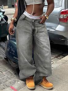 Jeans de talla grande para mujer de cintura media, jeans de mezclilla lavados, vintage desgastados sin estiramiento, casuales para primavera - Gris Claro - Ver 5