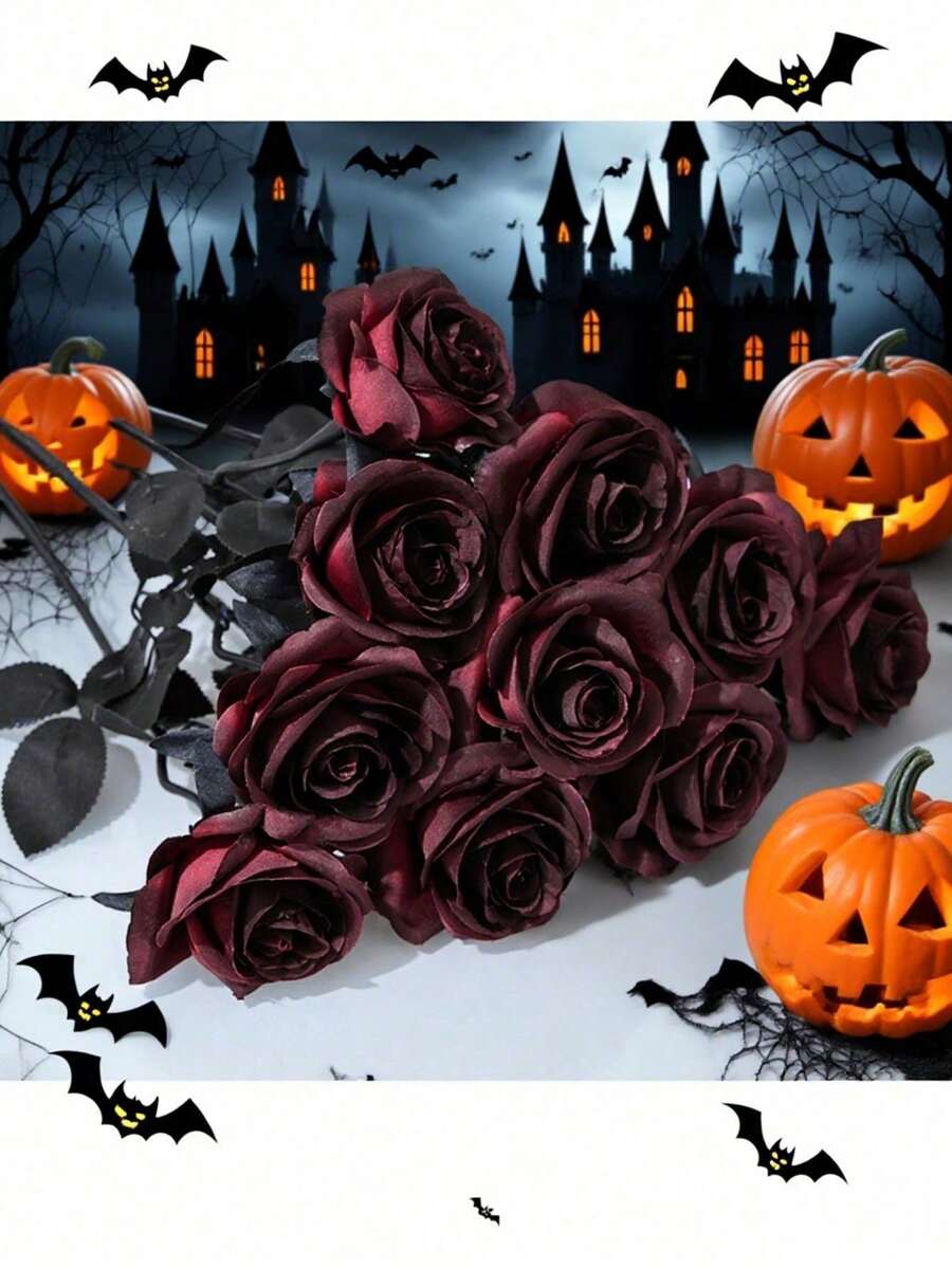 5/12 piezas Rosas rojas oscuras de seda artificial - Decoración de Pascua - Decoración de boda y jardín - Decoración de cocina y jardín - Hogar - Viaje - Artículos necesarios para festivales - Decoración de dormitorio - Decoración de baño - Decoración de habitación - Decoración del hogar - negro rojo - Ver 1