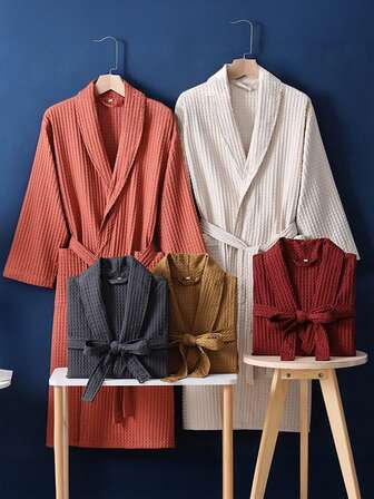 1pc High Quality Waffle Weave 100% Cotton Bathrobe, Adult Unisex Kimono Style Robe, Spring/Summer Loungewear, Suitable For Hotels/Spas, Absorbent & Quick-Dry, Loose Fit, Multi-Color, Bathroom & Home Essentials
