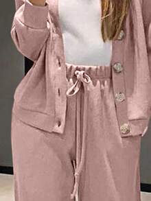 2pcs Women Casual Knit Cardigan Jacket And Drawstring Pants Set - Baby Pink - View 5