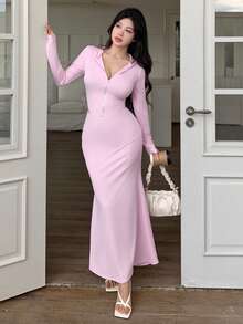 abyoxi 两件套女士优雅粉色连帽拉链露脐上衣和美人鱼长裙，时尚休闲套装，适合户外、街头、运动、日常穿着，性感少女风，秋冬季必备。 - 淺粉色 - 查看 4
