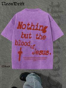 Y2K,Vintage Shirts Men Style "NOTHING BUT THE BLOOD OF JESUS" Print Washed Thickened Cotton T-Shirt - Creative Design, Unisex Casual Street Style, Surprise Gift, One Retro Washed 230g Top, Thickened Pure Cotton Material - Màu tím - Xem 3