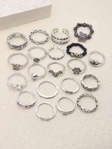 20pcs/Set Vintage Bat, Butterfly, Skull, Flower, Heart Chain Natural Stone Handmade Beaded Knuckle Rings Set, Women Party Gift - Antique Silver - View 5