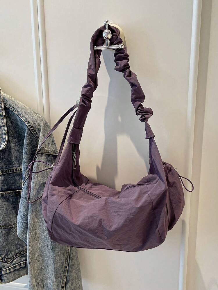 1 pieza Bolso de hombro tipo hobo de estilo bohemio, de tela de nailon con múltiples bolsillos, con pliegues y cordón, suave y holgado, adecuado para compras, ir al trabajo y uso diario de las mujeres, estilo japonés, atuendo bohemio para mujer, color morado, playa - Bold Plum - Ver 7