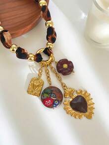 1pc Vintage Design Khaki Leopard Print Scarf, Autumn/Winter; Ceramic, Resin, Enamel & Stainless Steel Multi-Element Pendant Niche Necklace For Women - Brown - View 8