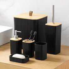 6pcs Luxury Minimalist Wooden Bathroom Set | Essential Housewarming Gift | Includes Toothbrush Holder, Trash Can, Soap Dispenser, Toilet Brush Holder, Soap Dish, Tumbler | Reusable Bathroom Accessories