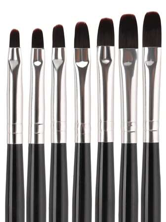 7pcs Gel Nail Brush Set For Nail Tips Builder & Overlay, Sculpting, Size 2,4,6,8,10,12,14 Poly Gel, And Extensions. Oval Brushes Manicure Painting Pen - Black