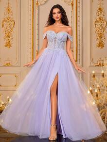 VIPGIRL 全新薰衣草色露肩亮片撞色网眼优雅收腰正式晚礼服 - 淡紫色 - 查看 1