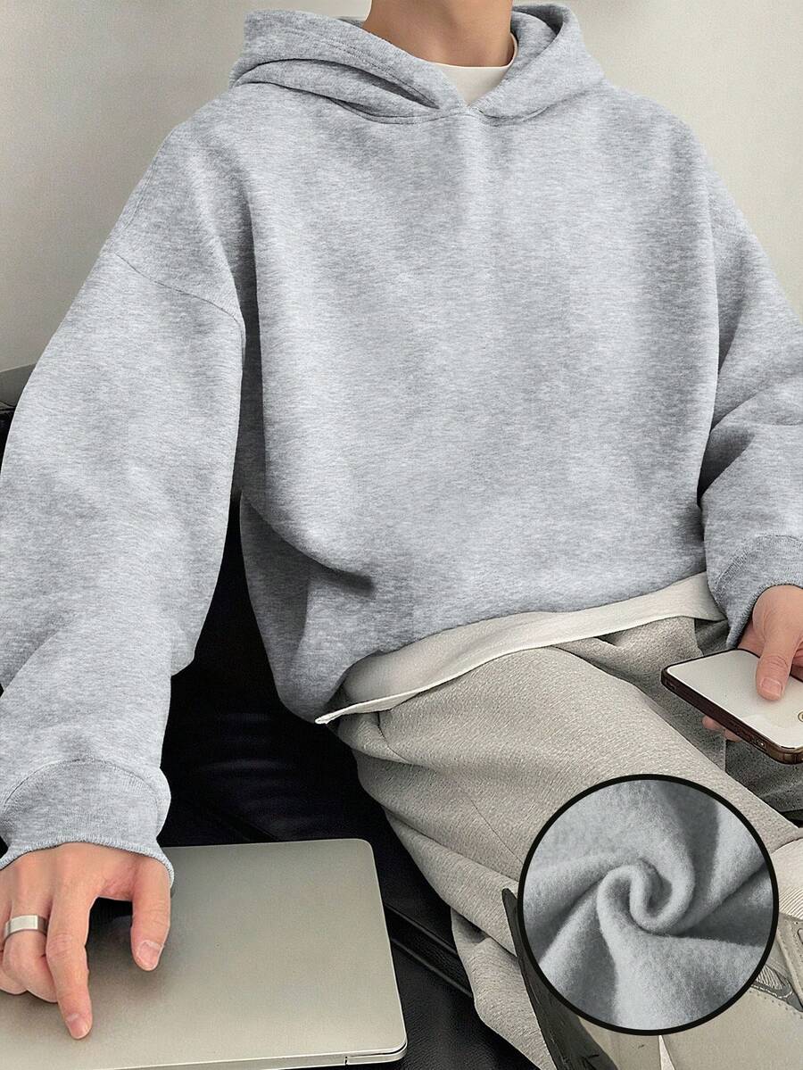 1件纯色休闲百搭户外通勤运动套头卫衣，适合青少年男孩，秋冬季 - 淺灰色 - 查看 1