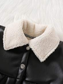 女婴经典翻领加厚黑色仿皮保暖夹克，秋冬季户外保暖服 - 黑色 - 查看 3