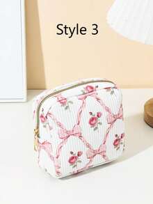 1pc Pink Bow Floral Print Sanitary Napkin Pouch, Mini Cosmetic Bag, Multifunctional Sanitary Napkin Organizer, Compact Square Bag, Women's/Girls' Travel Cosmetic Case, Cute Zipper Pouch Coin Purse, Campus Style, Suitable For School, Work, Travel, Makeup Bag, Skincare Bag, Toiletry Bag, Packaging Box, Travel Essentials