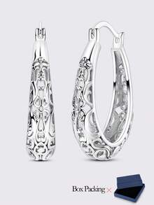 1 Pair Original 925 Sterling Silver Vintage Flower Vine Hollow Pattern Hoop Earrings For Women Class Style Minimalist Elegance Jewelry Gifts Fits Daily Party Shopping - Silver - View 12